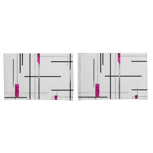 Abstracte lineaire kunst Zwart, Zilver & Fuchsia Kussensloop (Voorkant-Set)