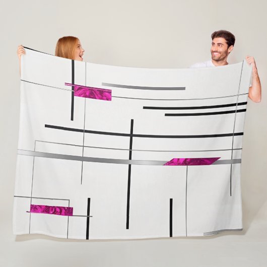 Abstracte Lineaire Kunst Zwart, Zilver, Fuschia ac Fleece Deken (In situ)