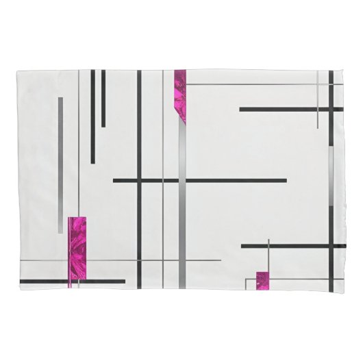 Abstracte Lineaire Kunst Zwart, Zilver & Fuschia Kussensloop (Voorkant-Links)