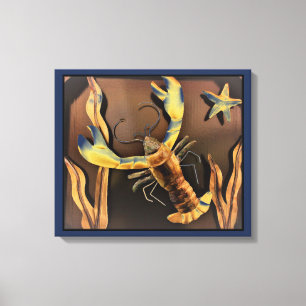 Abstracte Lobster Art (blauwe achtergrond) Canvas Afdruk