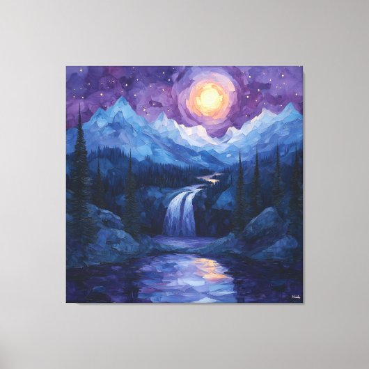 Abstracte maanverlichte waterval met Sterrennacht Canvas Afdruk (Voorkant)