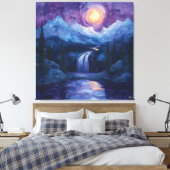 Abstracte maanverlichte waterval met Sterrennacht Canvas Afdruk (Insitu (Slaapkamer))