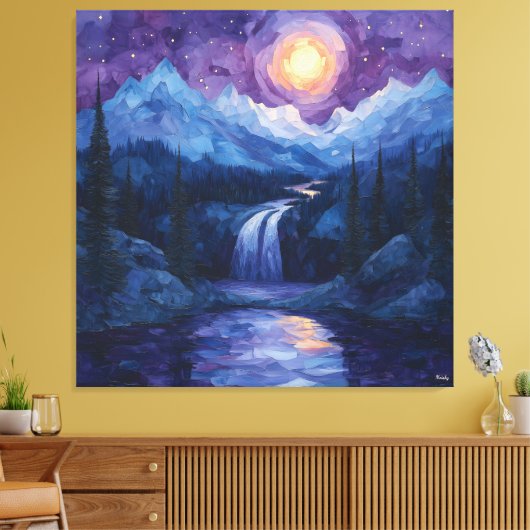 Abstracte maanverlichte waterval met Sterrennacht Canvas Afdruk (Insitu (Woonkamer))