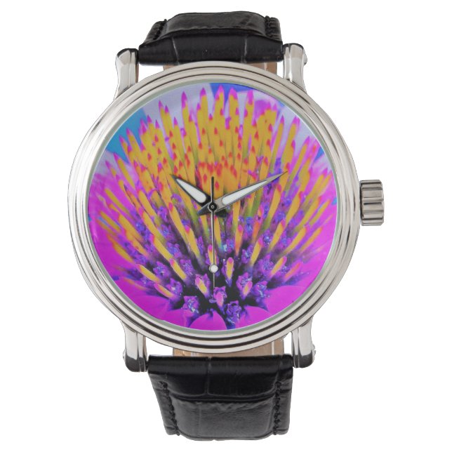 Abstracte Macro Hot Pink en Gele Coneflower Horloge (Voorkant)
