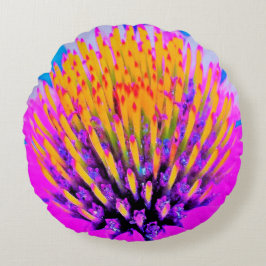 Abstracte Macro Hot Pink en Gele Coneflower Rond Kussen