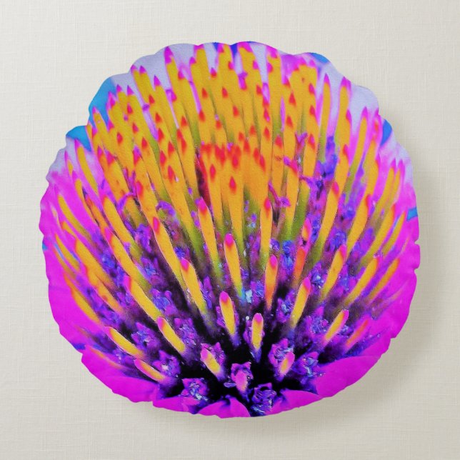 Abstracte Macro Hot Pink en Gele Coneflower Rond Kussen (Voorkant)