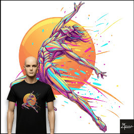 Abstracte mannelijke danser Neon springende figuur T-shirt