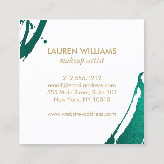 Abstracte maragdgroene penseelstreken vierkante visitekaartje (Achterkant)