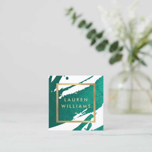 Abstracte maragdgroene penseelstreken vierkante visitekaartje (Staand voorkant)