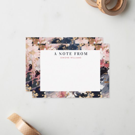 Abstracte marine & Blush gekleurde Floral op maat Notitiekaartje (Voorkant / Achterkant in situ)
