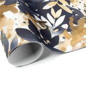 Abstracte marineblauwe bloemen & bruine bladeren cadeaupapier (Rol Hoek)