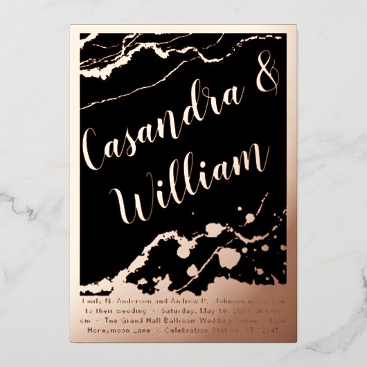 Abstracte marmer Veining Gold Borders Weddenschap Folie Uitnodiging (Voorkant)