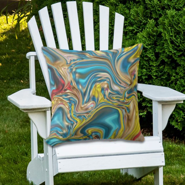 abstracte marmer zwelt gele blauwgroen turkooizen  buitenkussen (abstract marble swirls yellow teal turquoise blue outdoor pillow)
