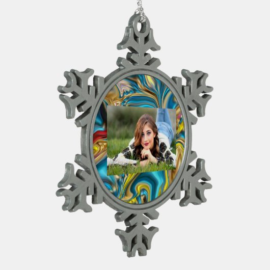 abstracte marmer zwelt gele blauwgroen turkooizen  tin sneeuwvlok ornament (Links)