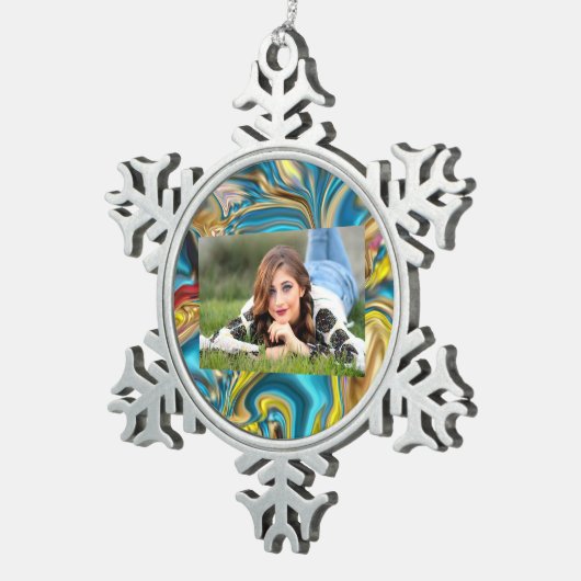 abstracte marmer zwelt gele blauwgroen turkooizen  tin sneeuwvlok ornament (Rechts)