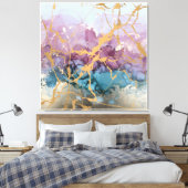 Abstracte Marmeren kunst Roze Blauw Goud Elegant Canvas Afdruk (Insitu (Slaapkamer))
