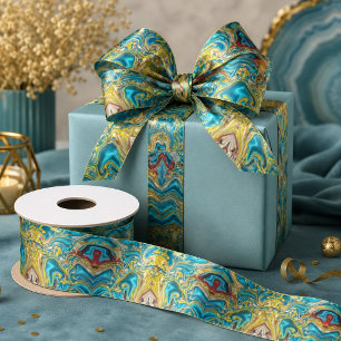 abstracte marmerwervelingen geel teal turquoise bl satijnen lint