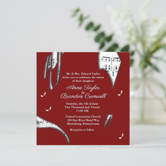 Abstracte maroon en White Music Wedding Invitation Kaart (Staand voorkant)