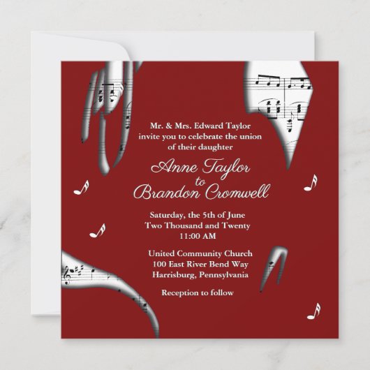 Abstracte maroon en White Music Wedding Invitation Kaart (Voorkant)