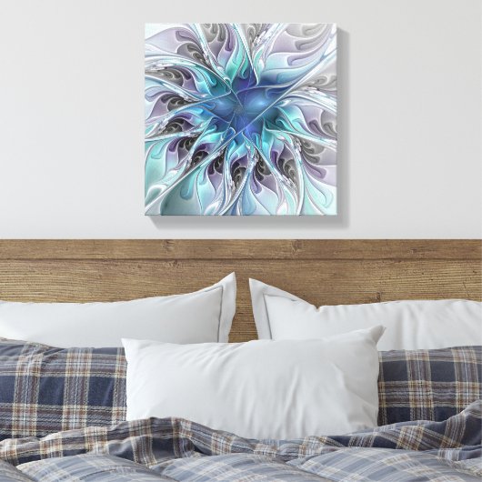 Abstracte matige bloem met blauw canvas afdruk (Insitu (Slaapkamer))