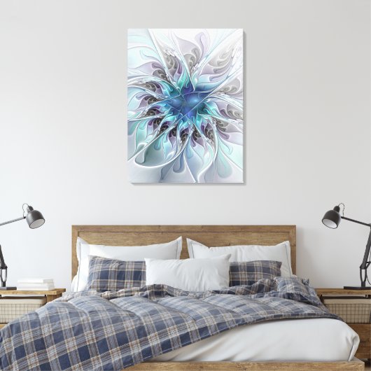 Abstracte matige bloem met blauw canvas afdruk (Insitu (Slaapkamer))