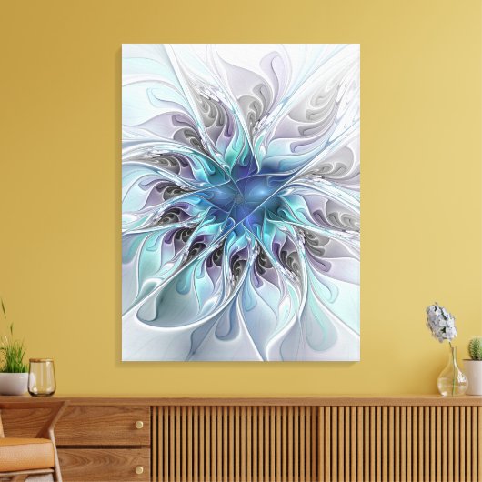 Abstracte matige bloem met blauw canvas afdruk (Insitu (Woonkamer))
