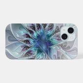 Abstracte matige bloem met blauw iPhone 15 case (Achterkant horizontaal)