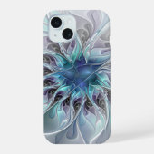 Abstracte matige bloem met blauw iPhone 15 case (Achterkant)
