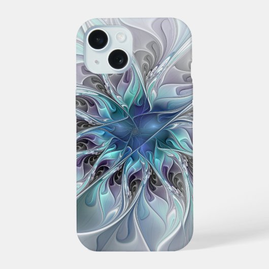 Abstracte matige bloem met blauw iPhone 15 case (Achterkant)