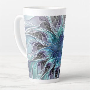 Abstracte matige bloem met blauw latte mok