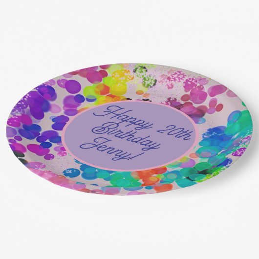Abstracte meerkleurige Happy Birthday Bokeh Bubble Papieren Bordje (Gekanteld)