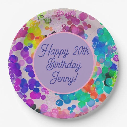 Abstracte meerkleurige Happy Birthday Bokeh Bubble Papieren Bordje (Voorkant)