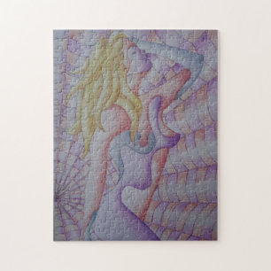 abstracte meerkleurige roze pooiemdame retro legpuzzel