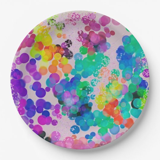 Abstracte meerkleurige verjaardagsbokeh bubbels papieren bordje (Voorkant)