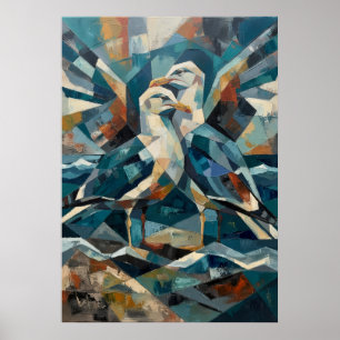 Abstracte meeuw kust oceaan geometrische schilderi poster