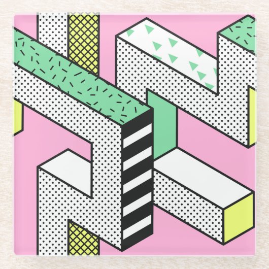 Abstracte Memphis: 80s geometrische vormen. Glazen Onderzetter (Voorkant)