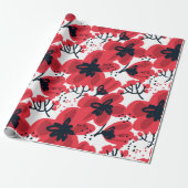 Abstracte, met de hand getekende rode bloemen naad cadeaupapier (Uitgerold)