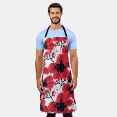 Abstracte, met de hand getekende rode bloemen naad schort (Gedragen)