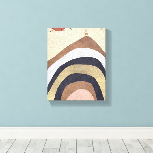 Abstracte minimalistische berg met herten zonnevog canvas afdruk (Insitu (Houten vloer))