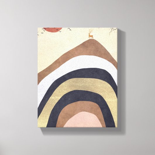 Abstracte minimalistische berg met herten zonnevog canvas afdruk (Voorkant)