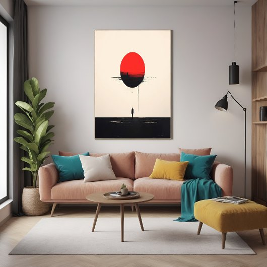 Abstracte minimalistische rode zon en eenzaamheid  poster