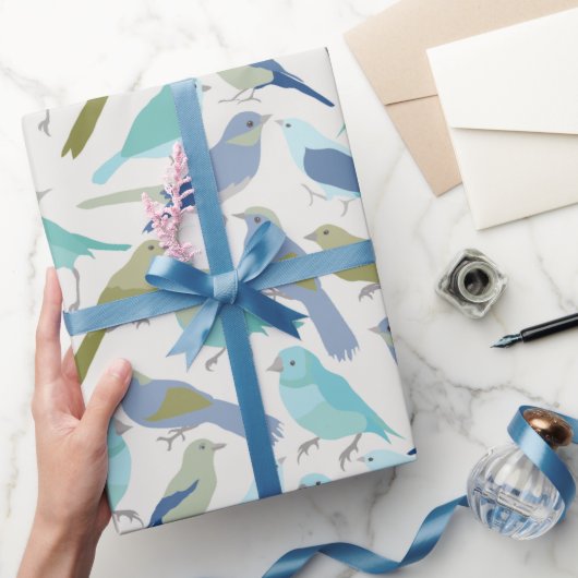 Abstracte Modern Cute Blue en Green Birds Wrappin Cadeaupapier (Geschenken)