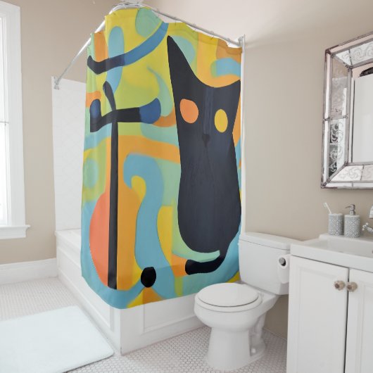 Abstracte Modern Gestileerde Zwarte Kat Douchegordijn (In situ)