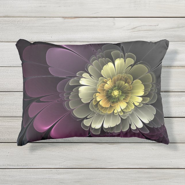 Abstracte Modern Purpur Khaki Gray Fractal Flower Buitenkussen (Voorkant)
