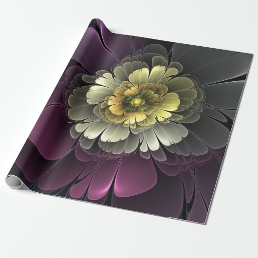 Abstracte Modern Purpur Khaki Gray Fractal Flower Cadeaupapier (Uitgerold)