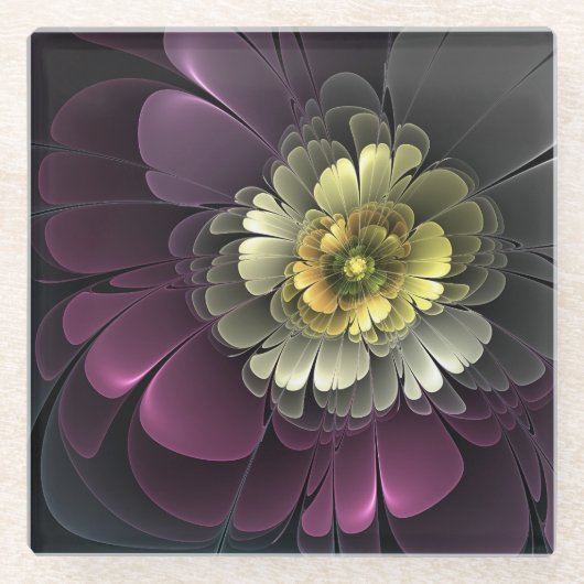 Abstracte Modern Purpur Khaki Gray Fractal Flower Glazen Onderzetter (Voorkant)