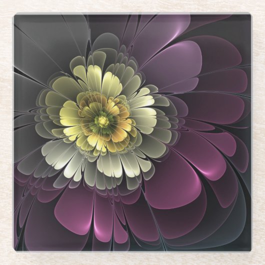 Abstracte Modern Purpur Khaki Gray Fractal Flower Glazen Onderzetter (Voorkant)