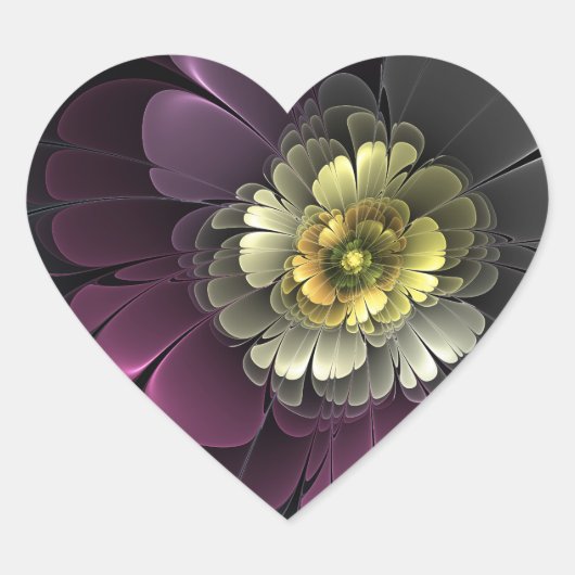 Abstracte Modern Purpur Khaki Gray Fractal Flower Hart Sticker (Voorkant)