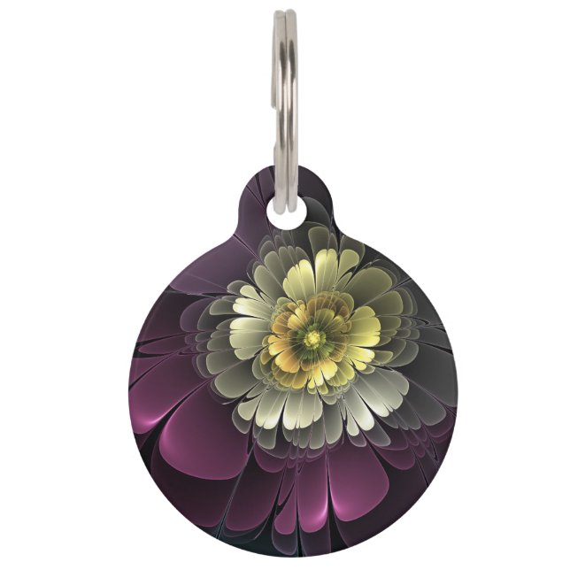 Abstracte Modern Purpur Khaki Gray Fractal Flower Huisdierpenning (Voorkant)