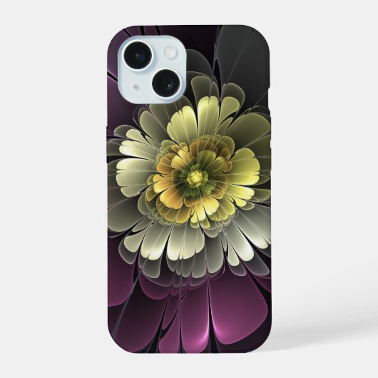 Abstracte Modern Purpur Khaki Gray Fractal Flower iPhone 15 Case (Achterkant)